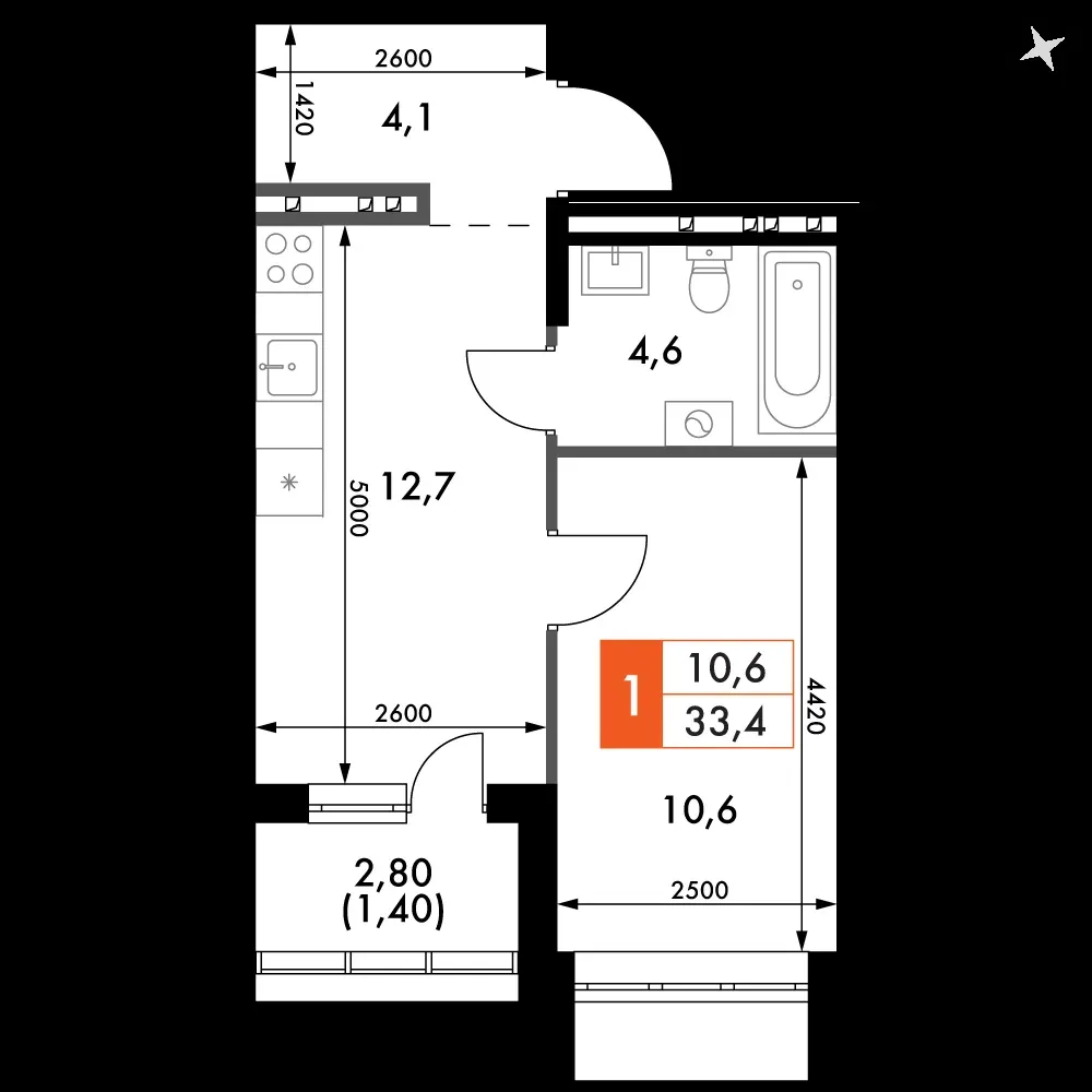 1-комнатная, 33,4 м² — 5 154 689 ₽