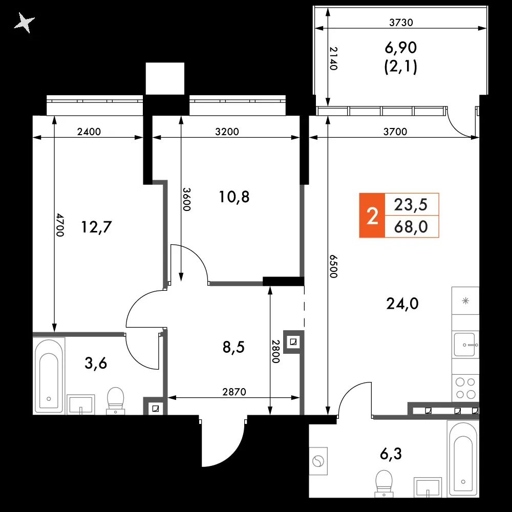 2-комнатная, 68 м² — 8 550 680 ₽