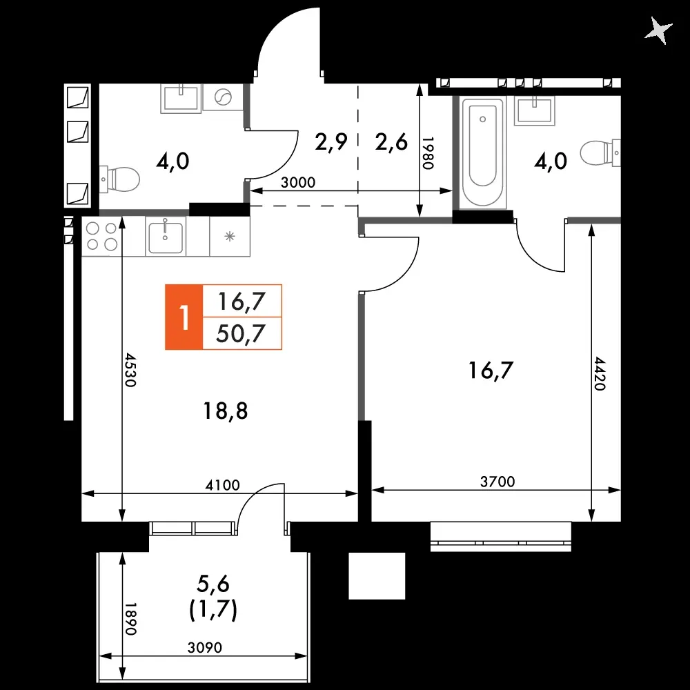 1-комнатная, 50,7 м² — 7 108 789 ₽