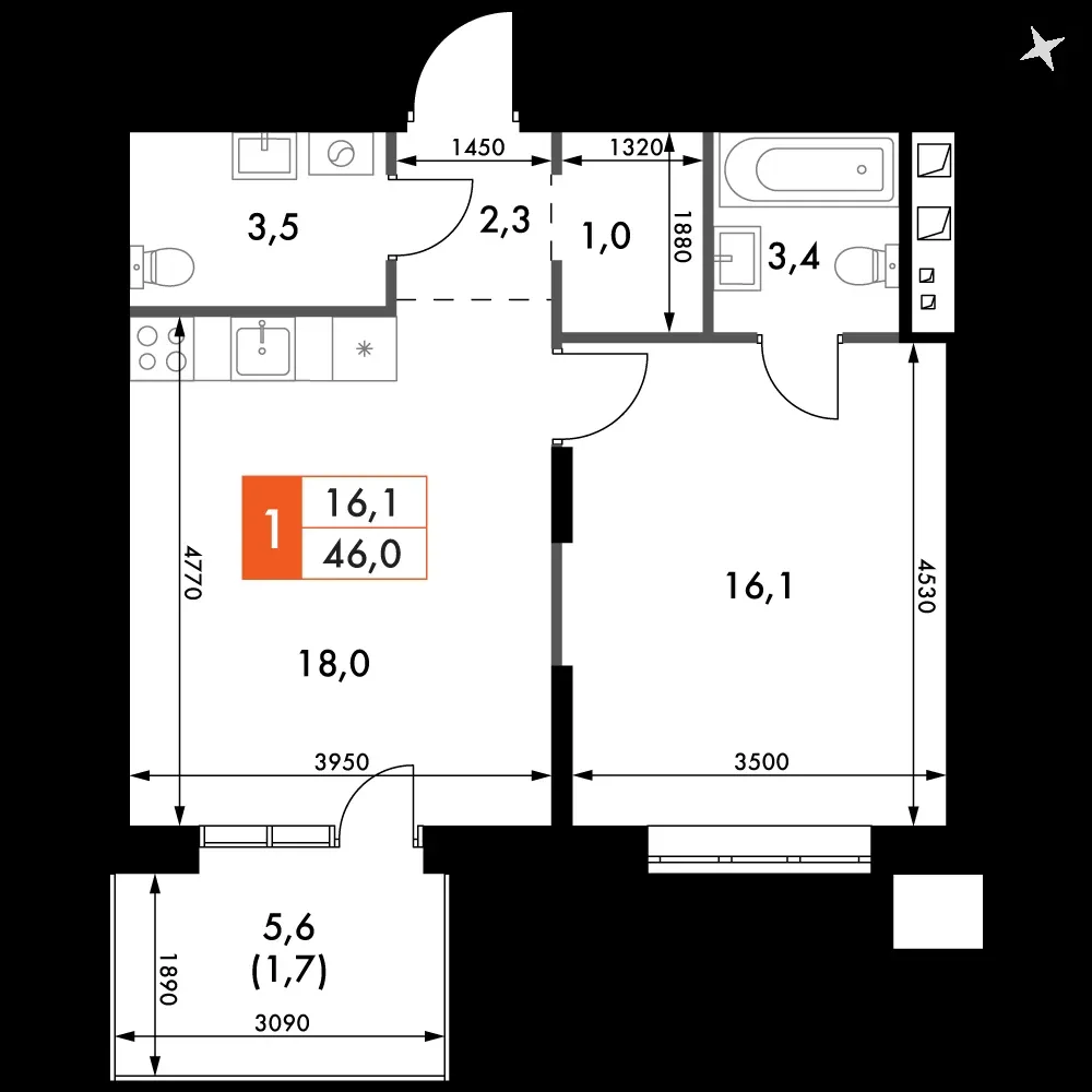 1-комнатная, 46 м² — 6 738 885 ₽