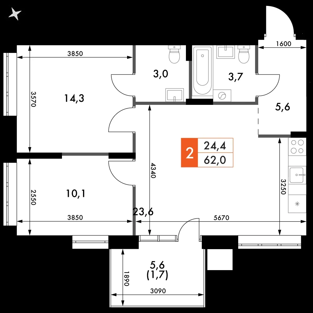 2-комнатная, 62 м² — 8 181 340 ₽