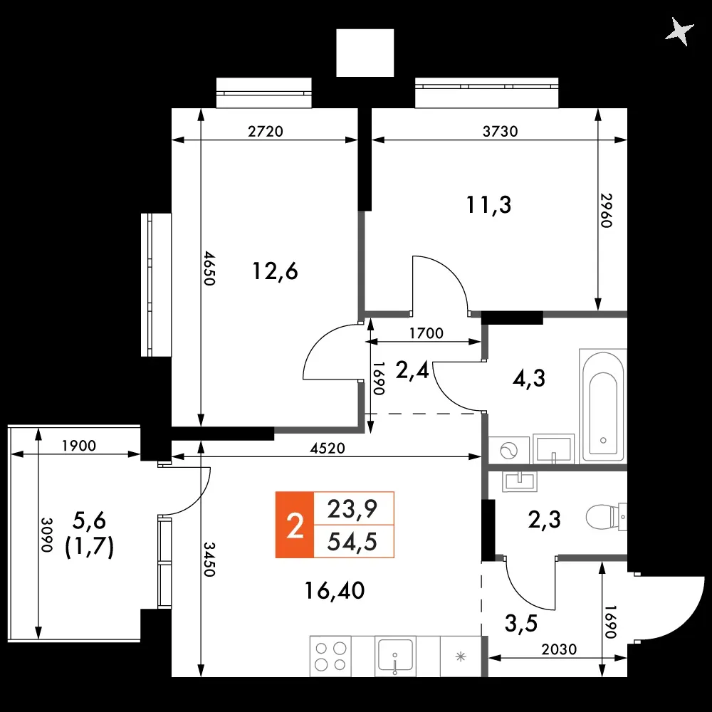 2-комнатная, 54,5 м² — 7 441 033 ₽