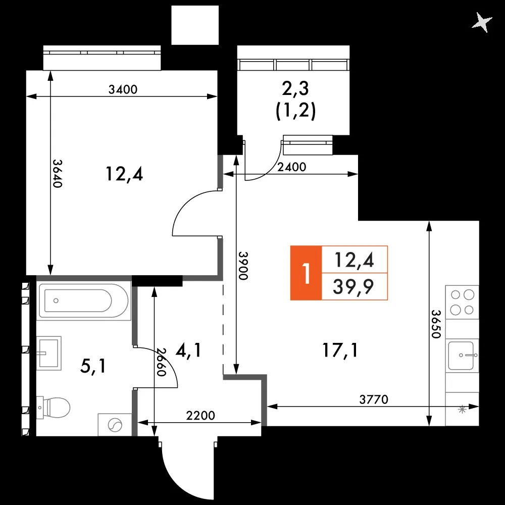 1-комнатная, 39,9 м² — 5 914 269 ₽