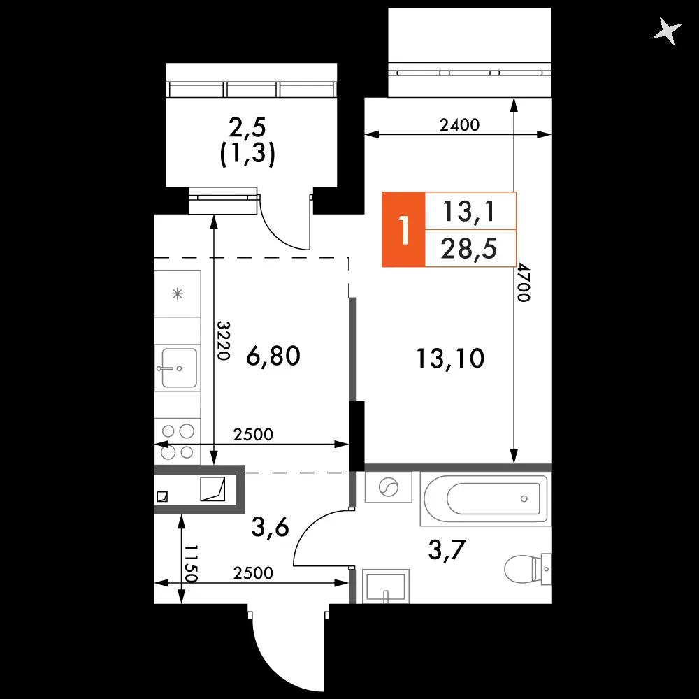 1-комнатная, 28,5 м² — 4 545 770 ₽