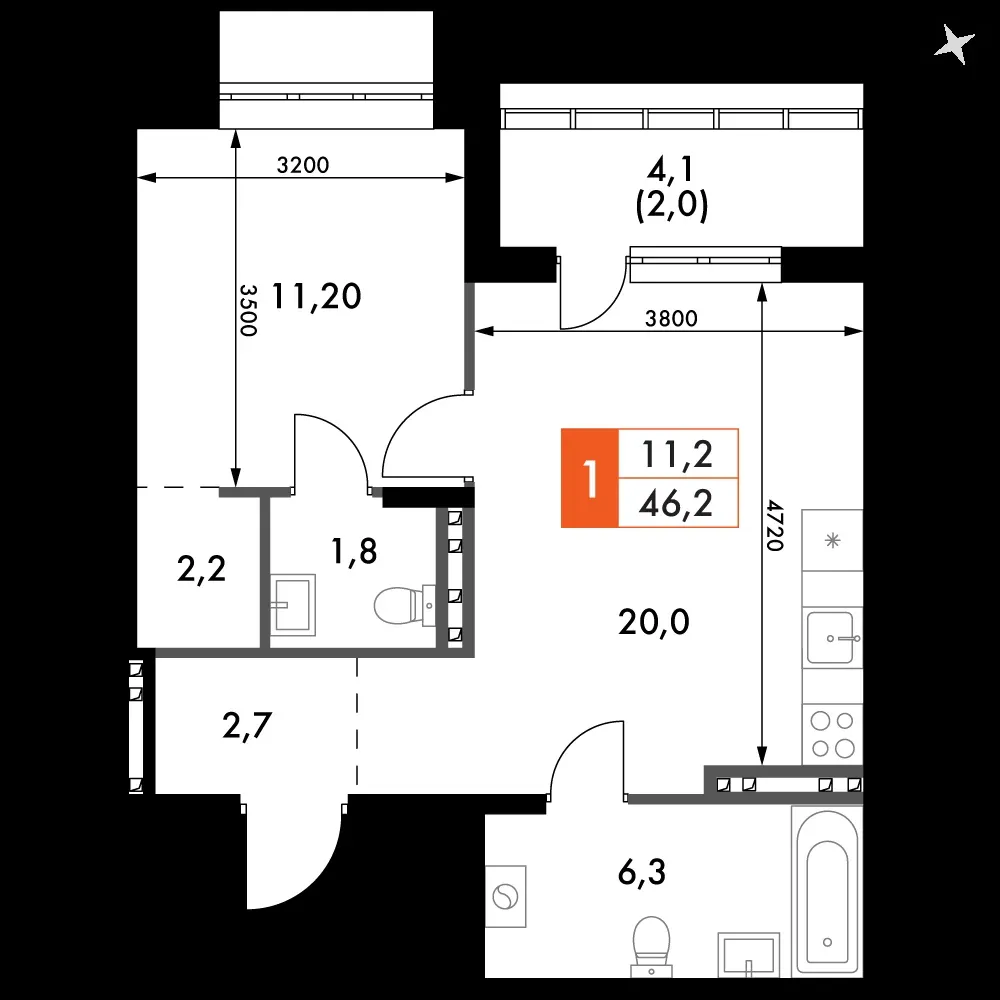 1-комнатная, 46,2 м² — 6 780 659 ₽