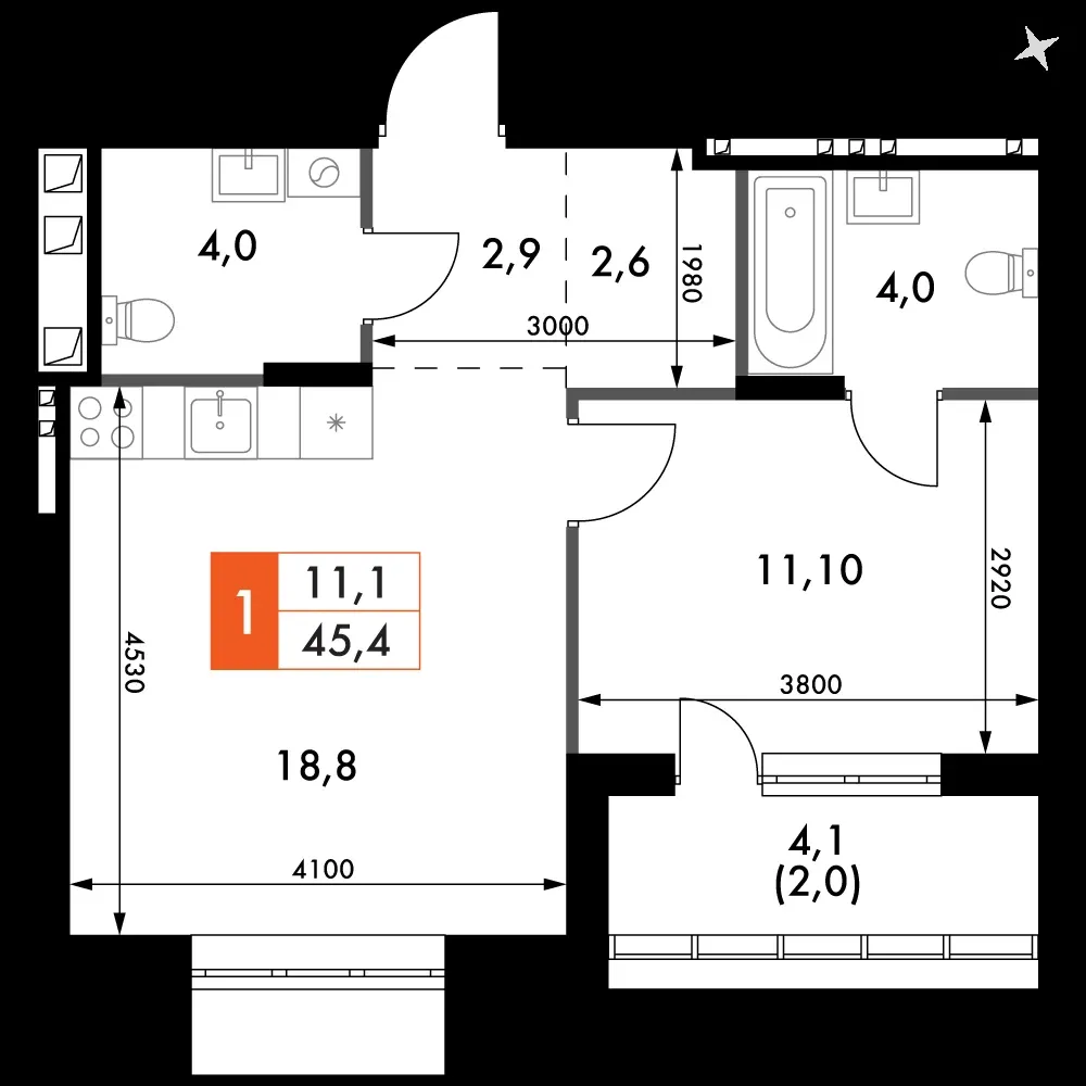 1-комнатная, 45,4 м² — 6 691 847 ₽