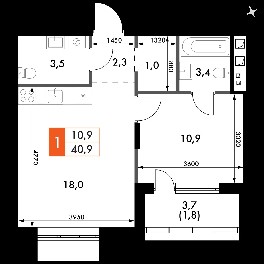 1-комнатная, 40,9 м² — 6 143 478 ₽