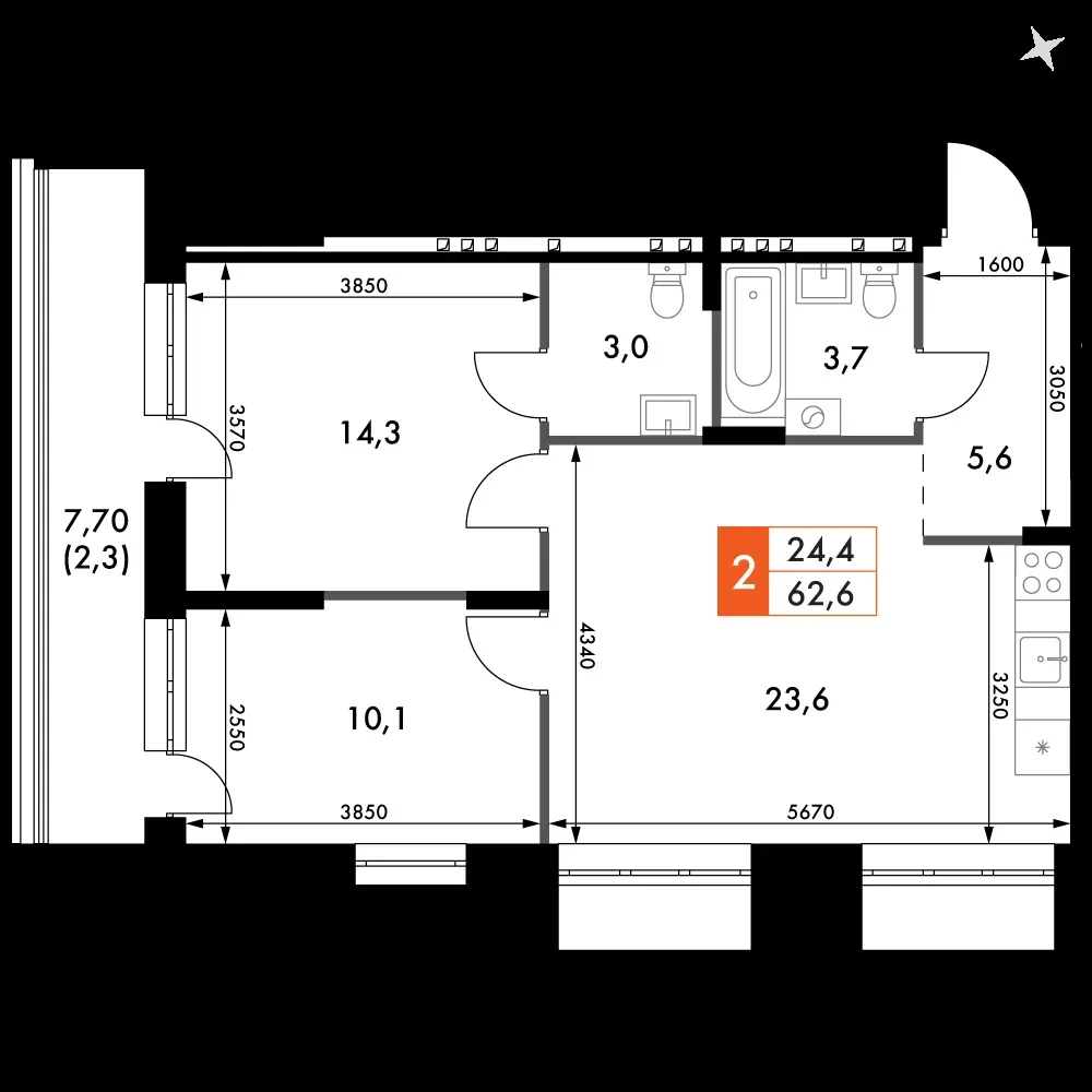 2-комнатная, 62,6 м² — 8 305 586 ₽