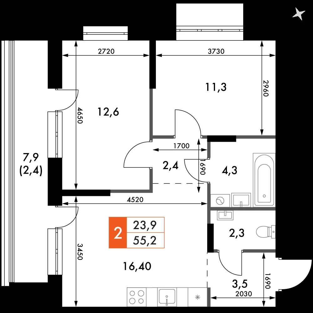 2-комнатная, 55,2 м² — 7 611 125 ₽