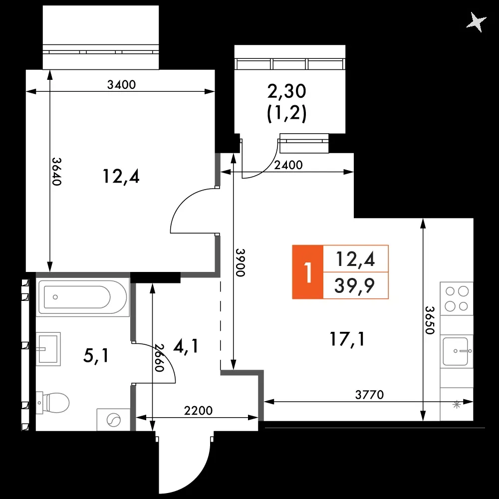 1-комнатная, 39,9 м² — 5 968 134 ₽