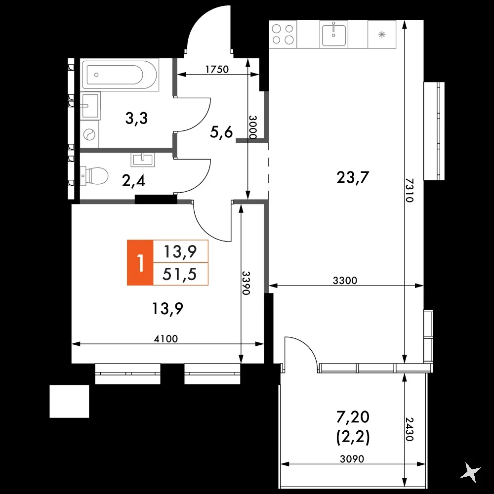 1-комнатная, 51,1 м² — 7 325 839 ₽