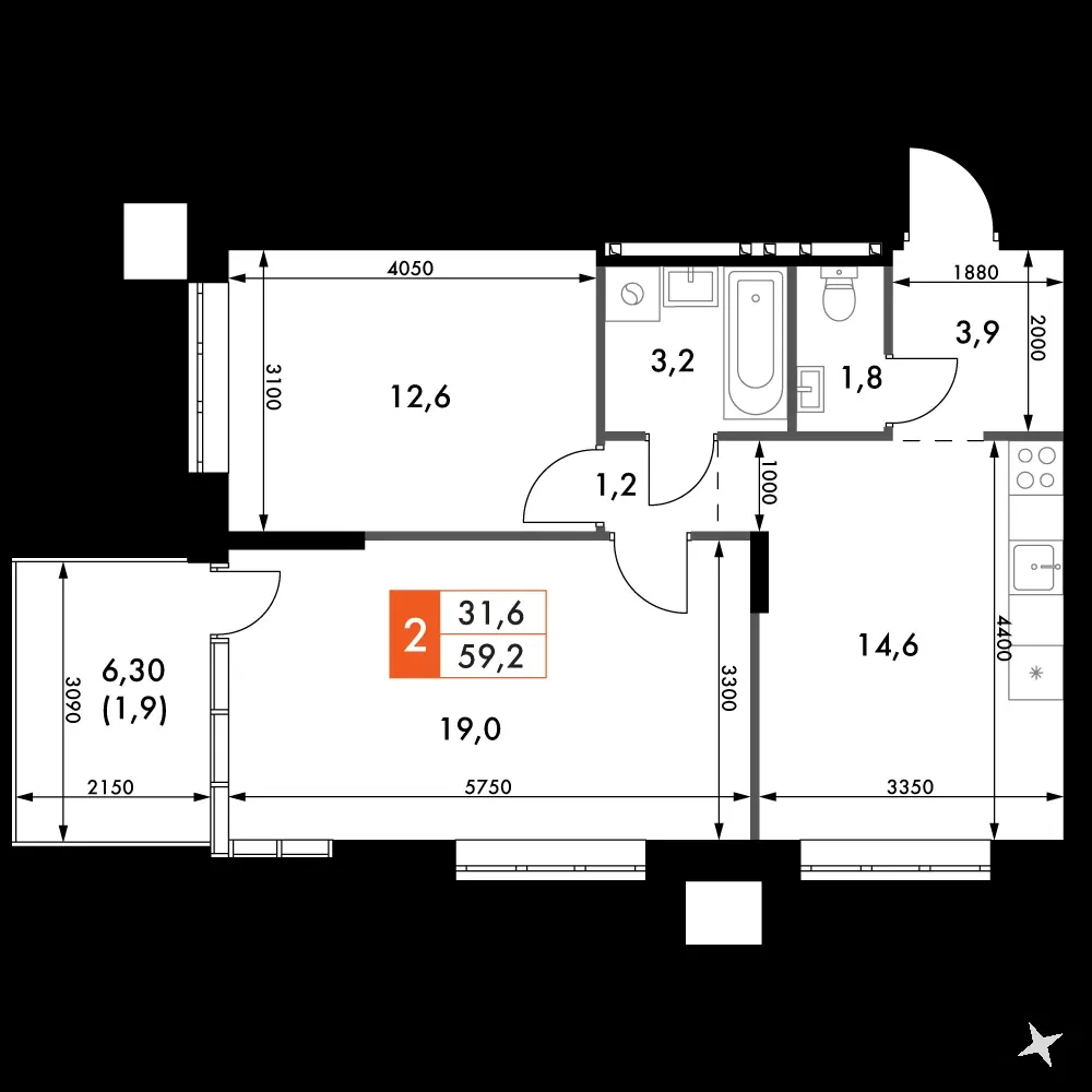 2-комнатная, 58,2 м² — 7 571 005 ₽