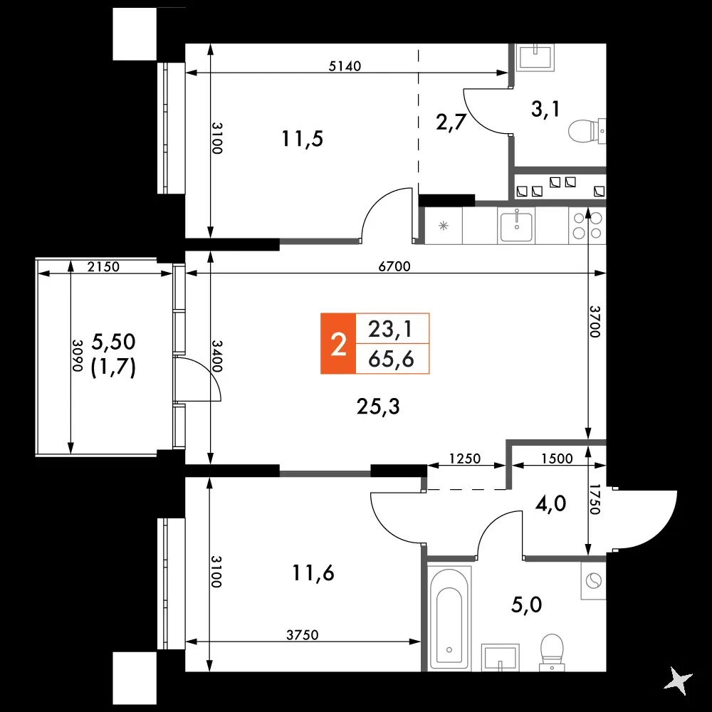 2-комнатная, 64,9 м² — 8 148 078 ₽