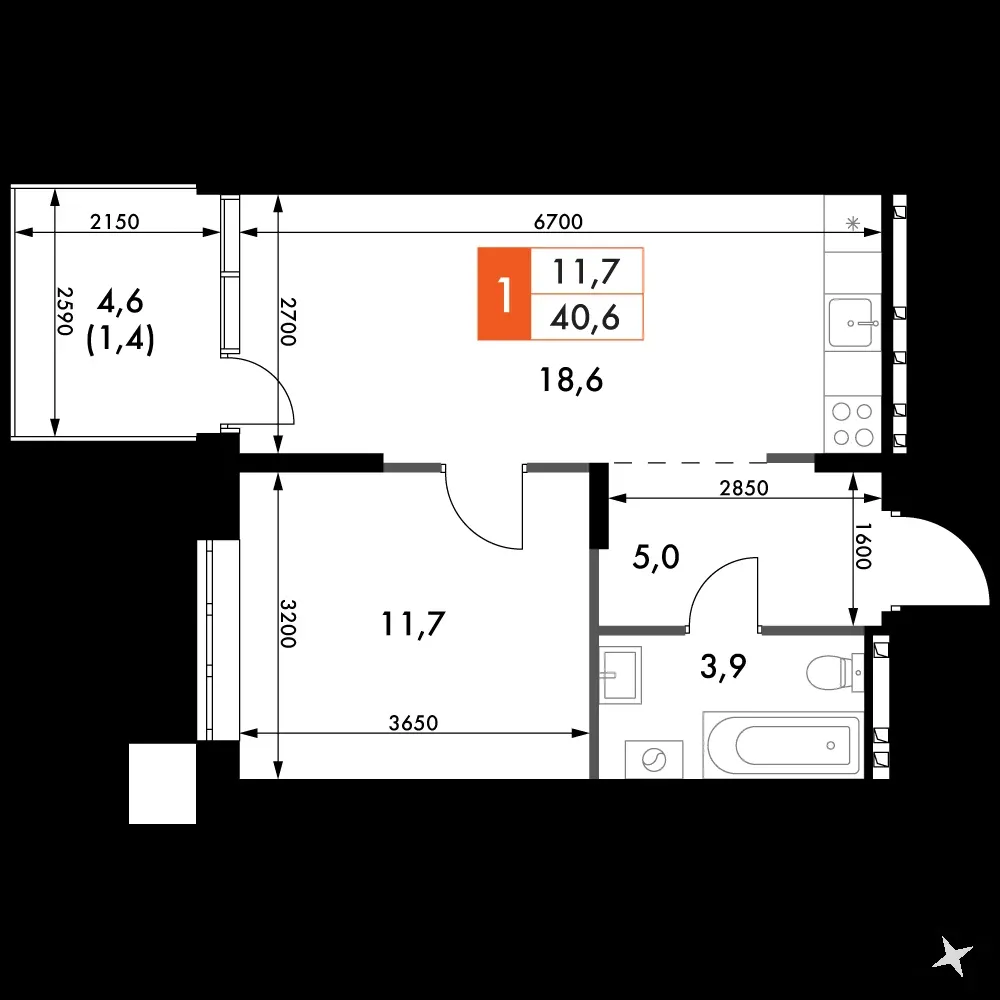 1-комнатная, 40,6 м² — 5 871 868 ₽
