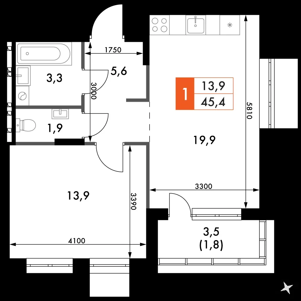 1-комнатная, 45,4 м² — 6 663 245 ₽