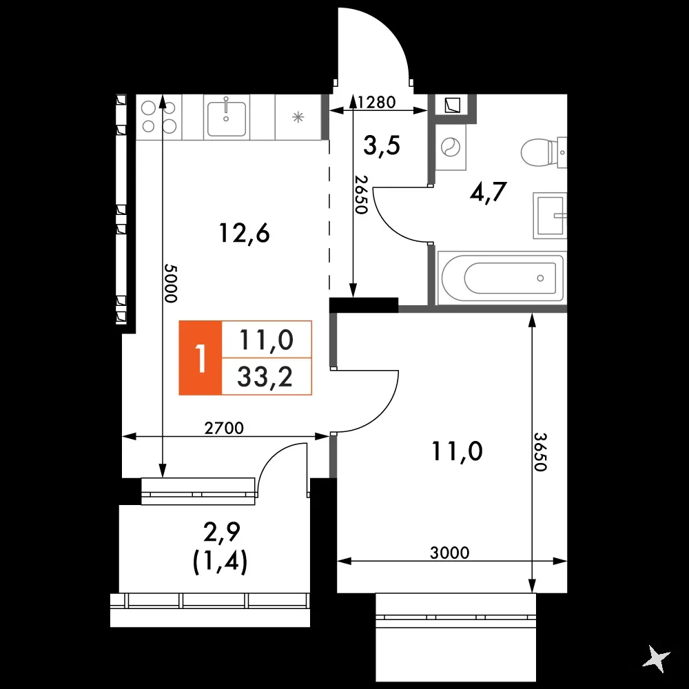 1-комнатная, 33,2 м² — 5 093 942 ₽