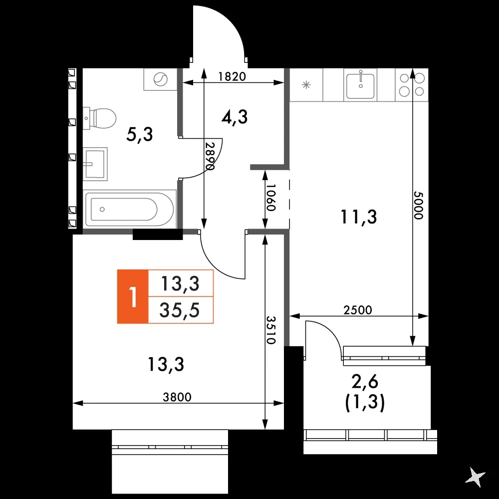 1-комнатная, 35,5 м² — 5 380 380 ₽