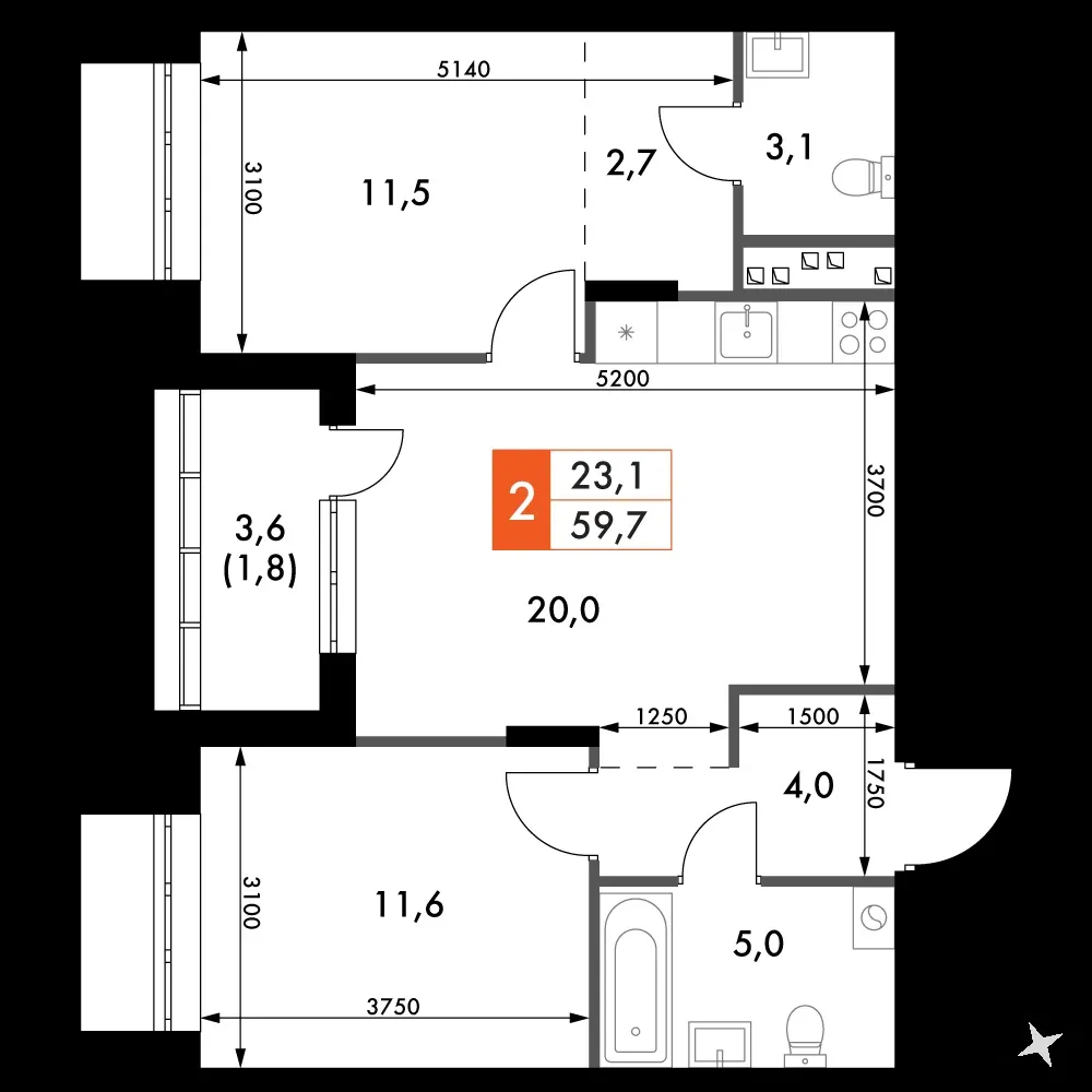 2-комнатная, 59,7 м² — 7 723 150 ₽