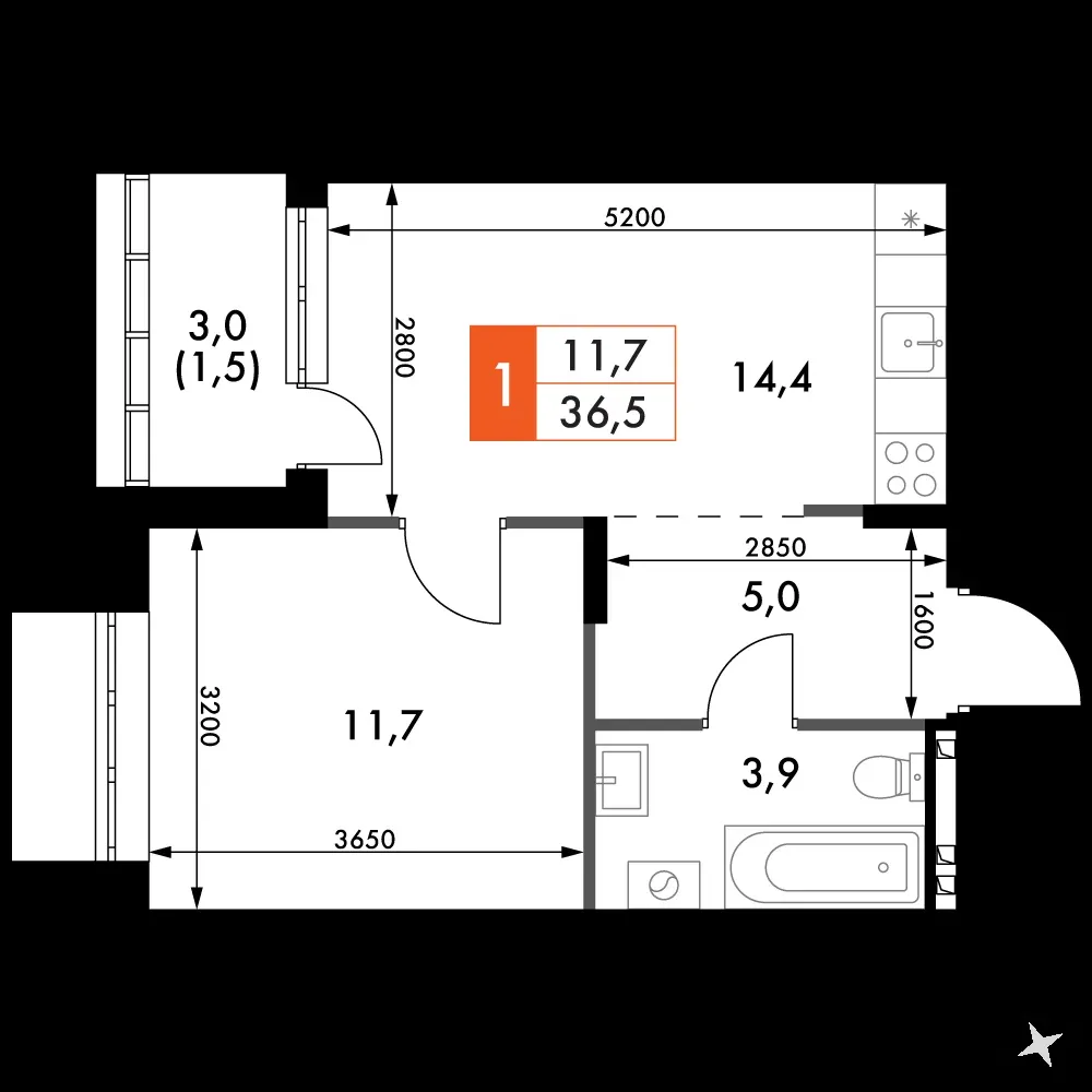 1-комнатная, 36,5 м² — 5 400 540 ₽