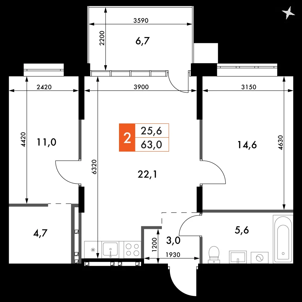 2-комнатная, 63 м² — 8 216 907 ₽