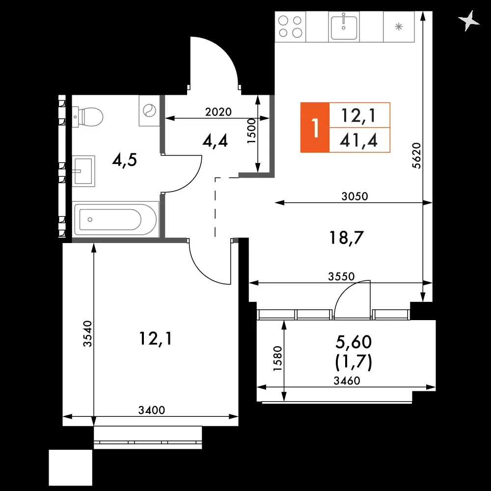 1-комнатная, 41,4 м² — 5 957 762 ₽