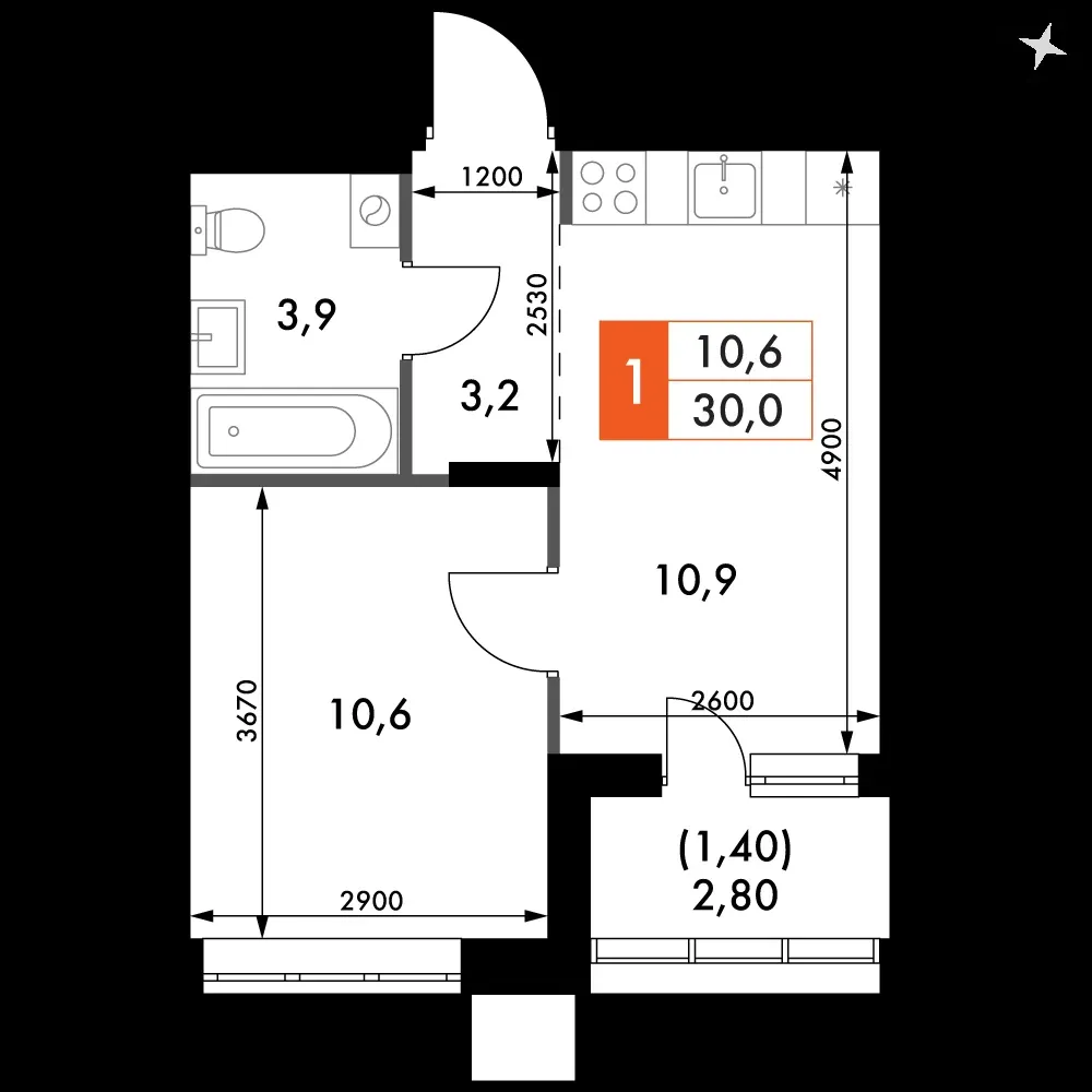 1-комнатная, 30 м² — 4 557 654 ₽