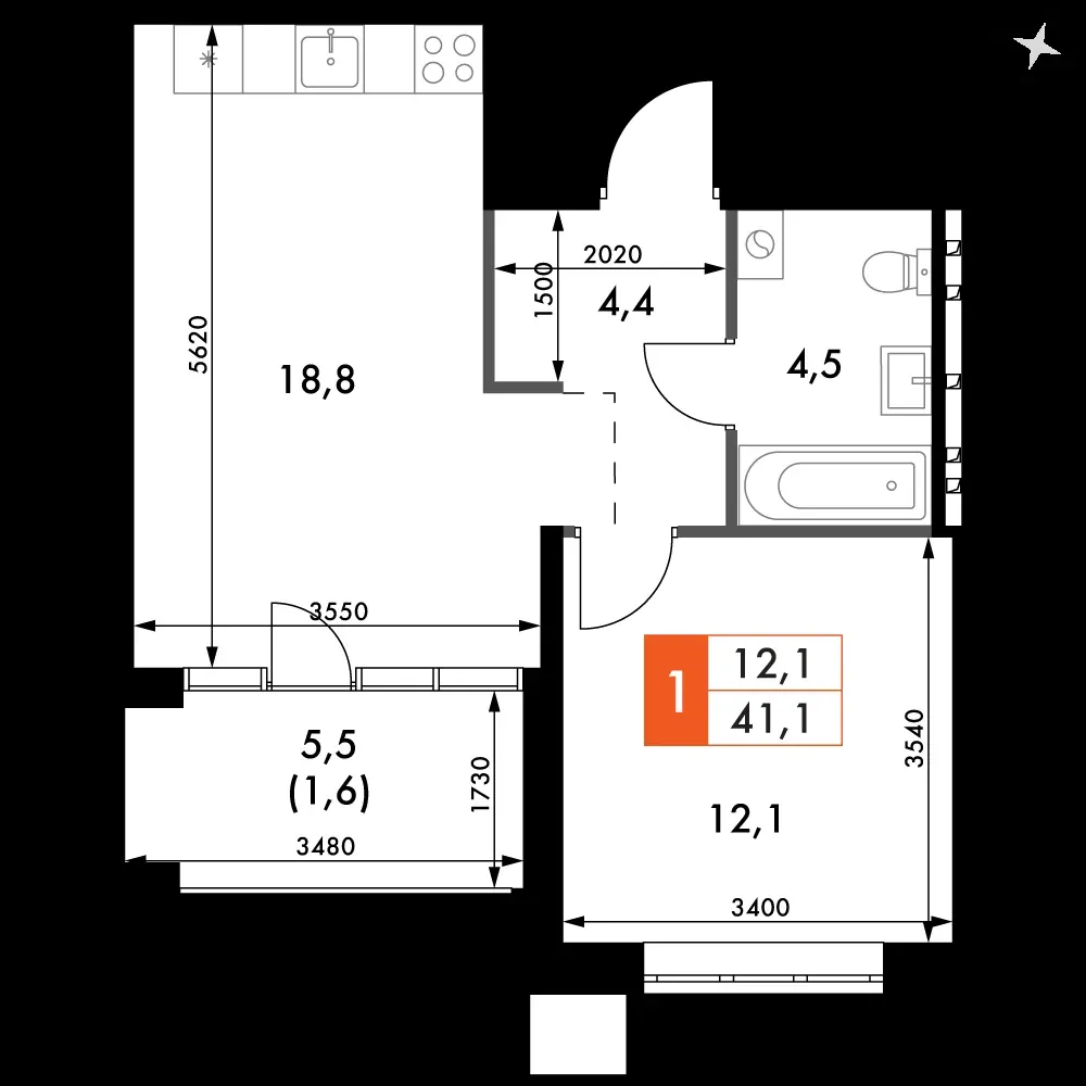 1-комнатная, 41,4 м² — 5 957 762 ₽