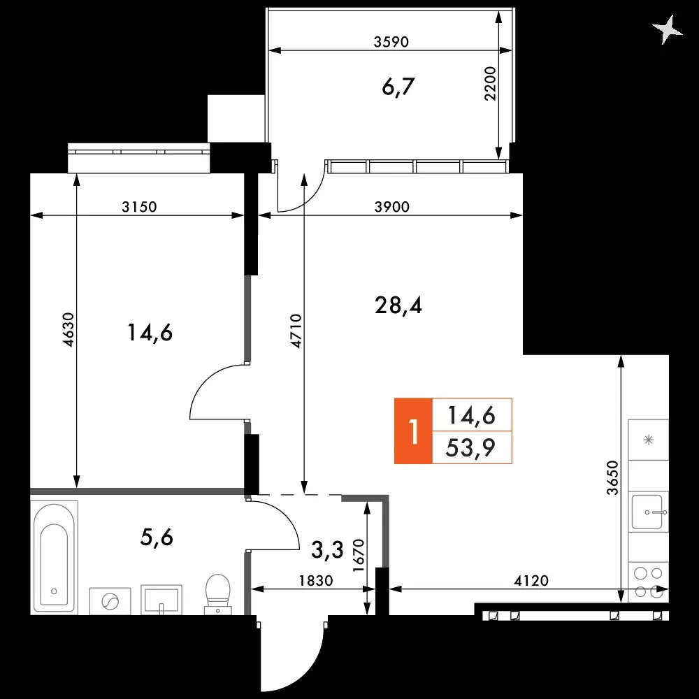 1-комнатная, 53,9 м² — 7 542 917 ₽