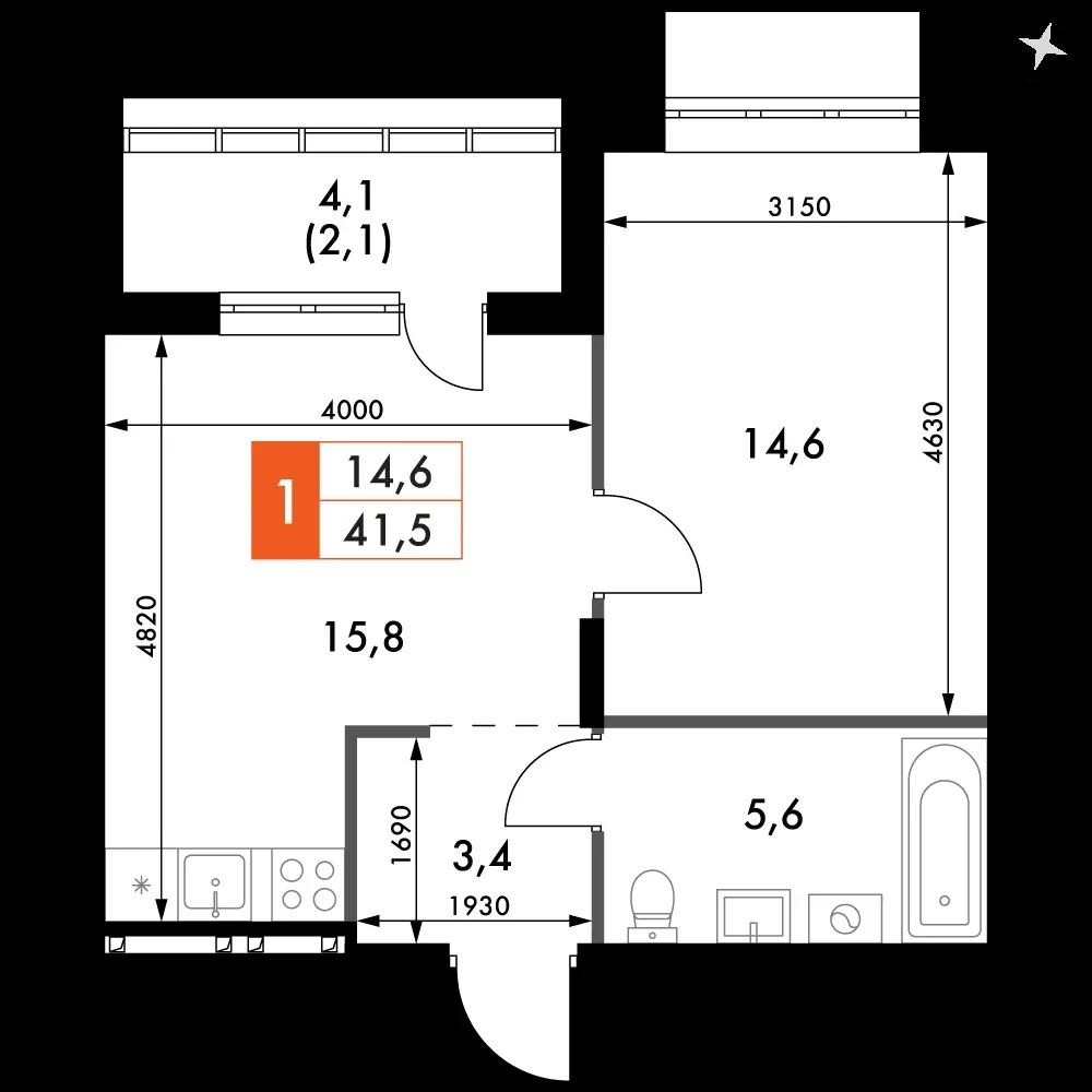 1-комнатная, 41,5 м² — 6 188 783 ₽