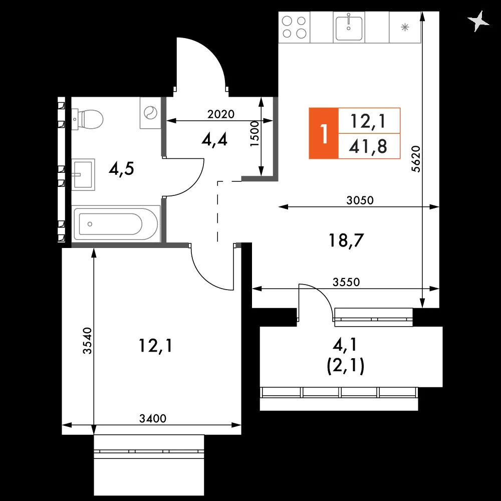 1-комнатная, 41,8 м² — 6 045 422 ₽