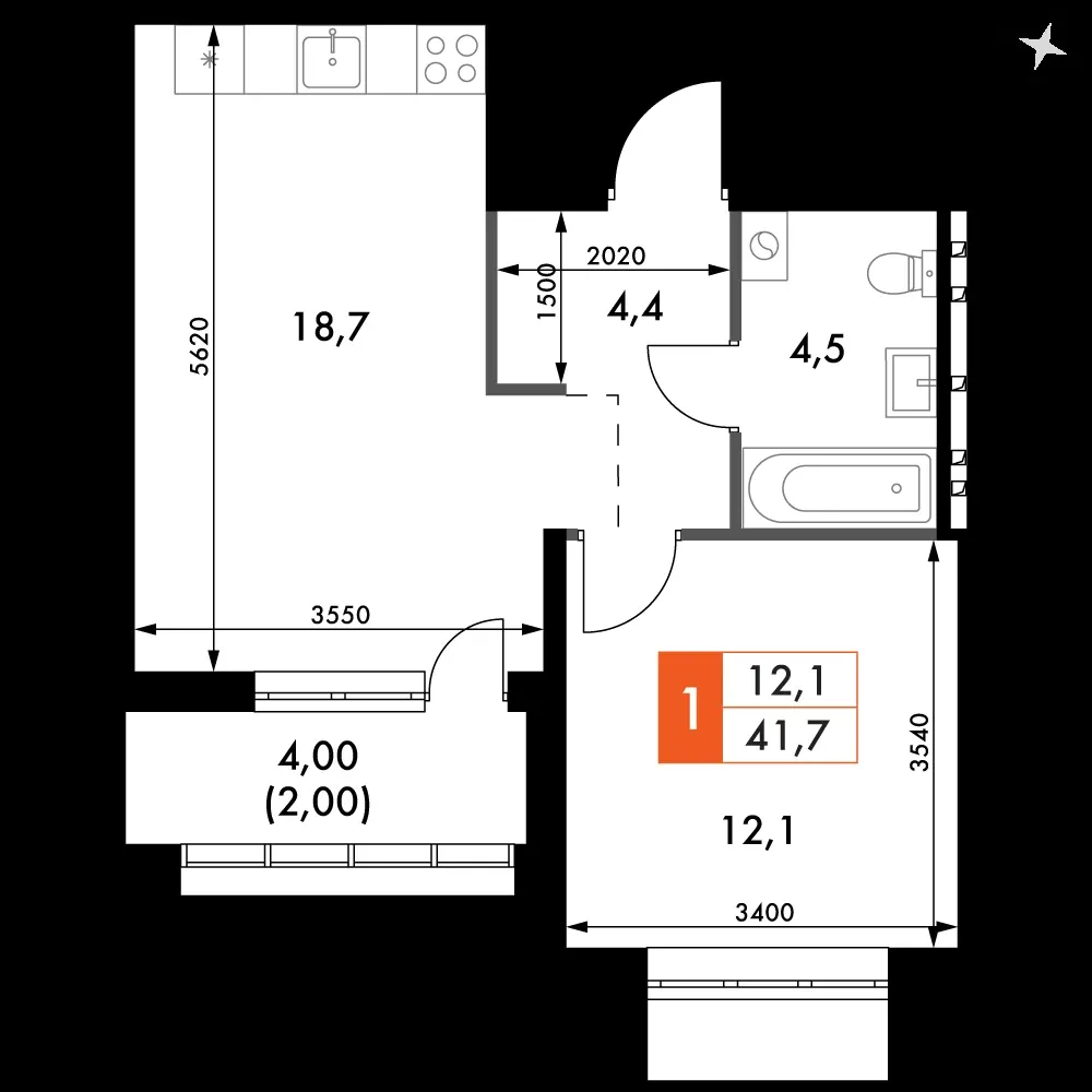 1-комнатная, 41,7 м² — 6 030 959 ₽