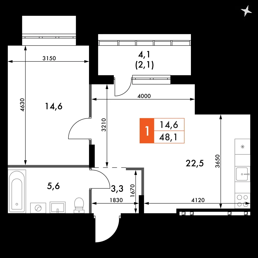 1-комнатная, 48,1 м² — 7 037 872 ₽
