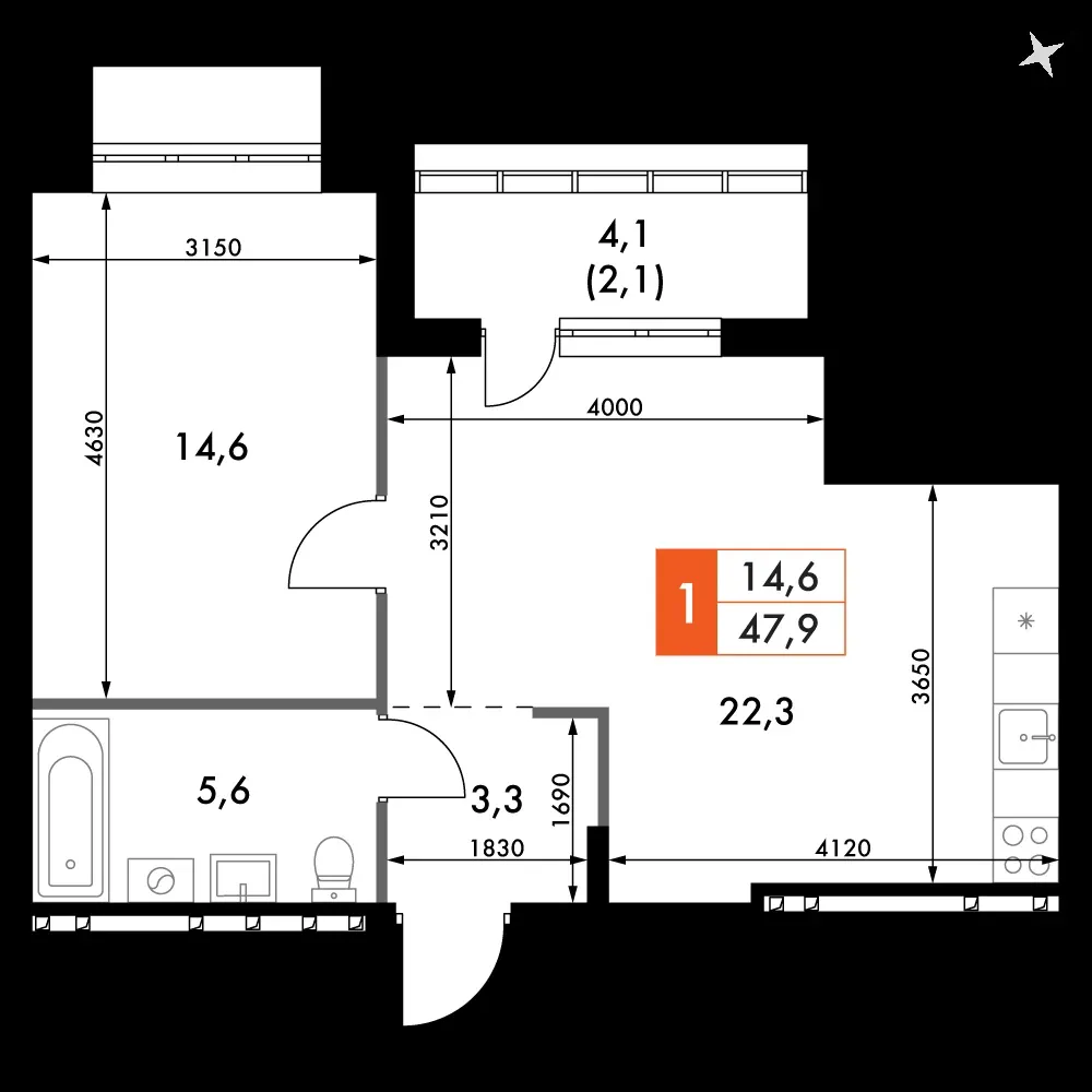 1-комнатная, 47,9 м² — 7 008 609 ₽