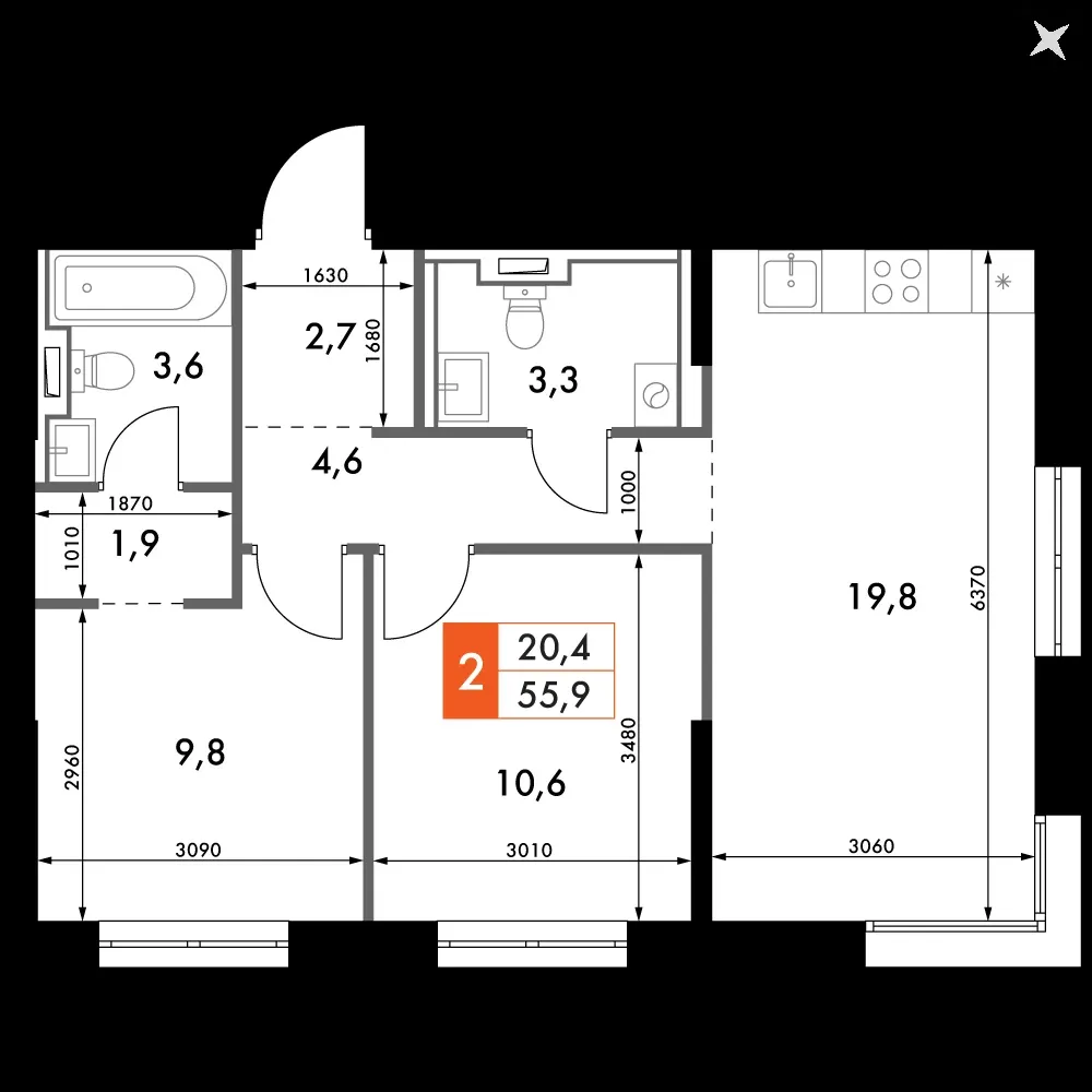 2-комнатная, 55,9 м² — 17 663 749 ₽