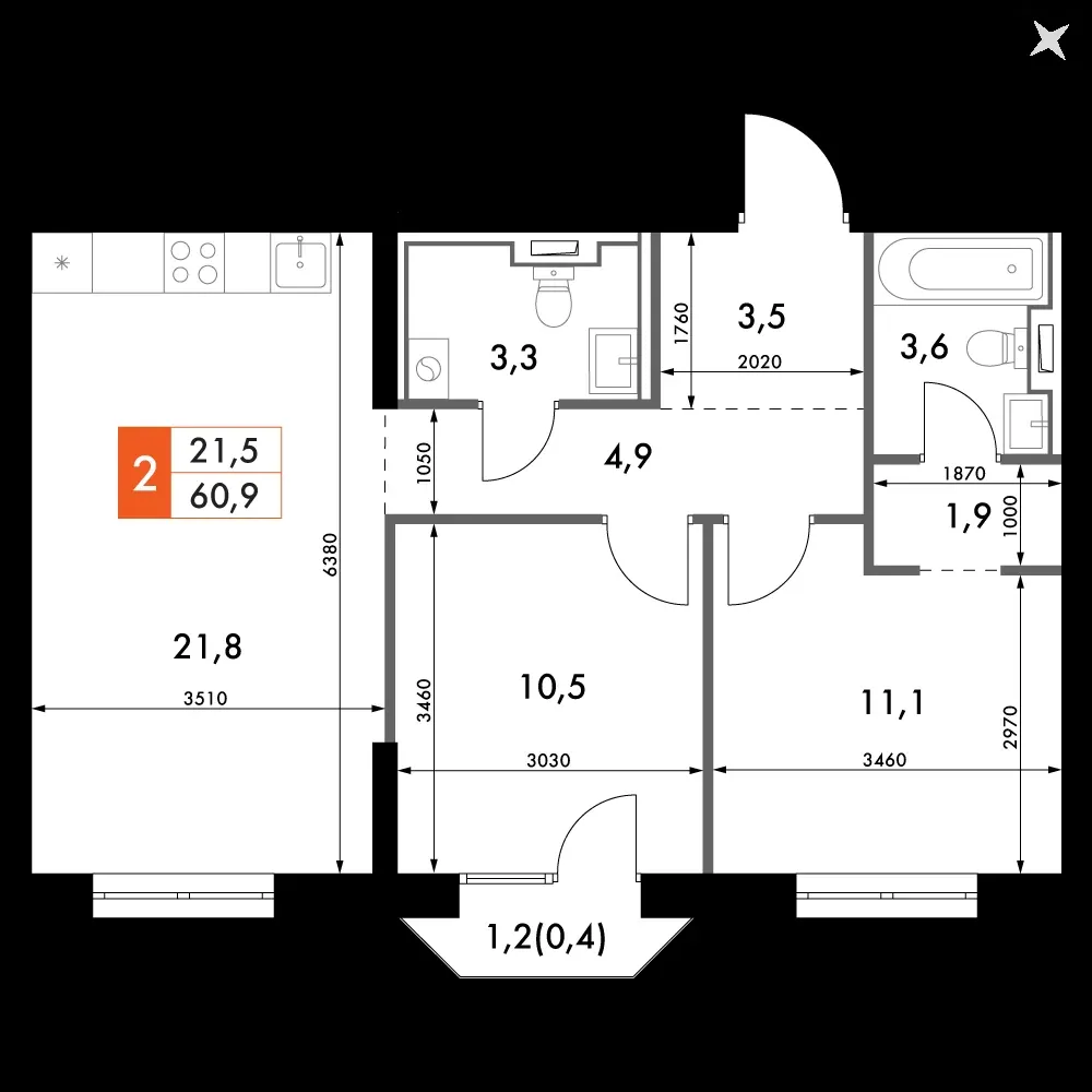 2-комнатная, 60,9 м² — 16 671 760 ₽