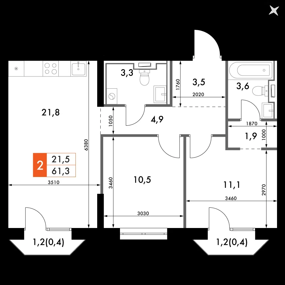 2-комнатная, 61,3 м² — 17 289 746 ₽