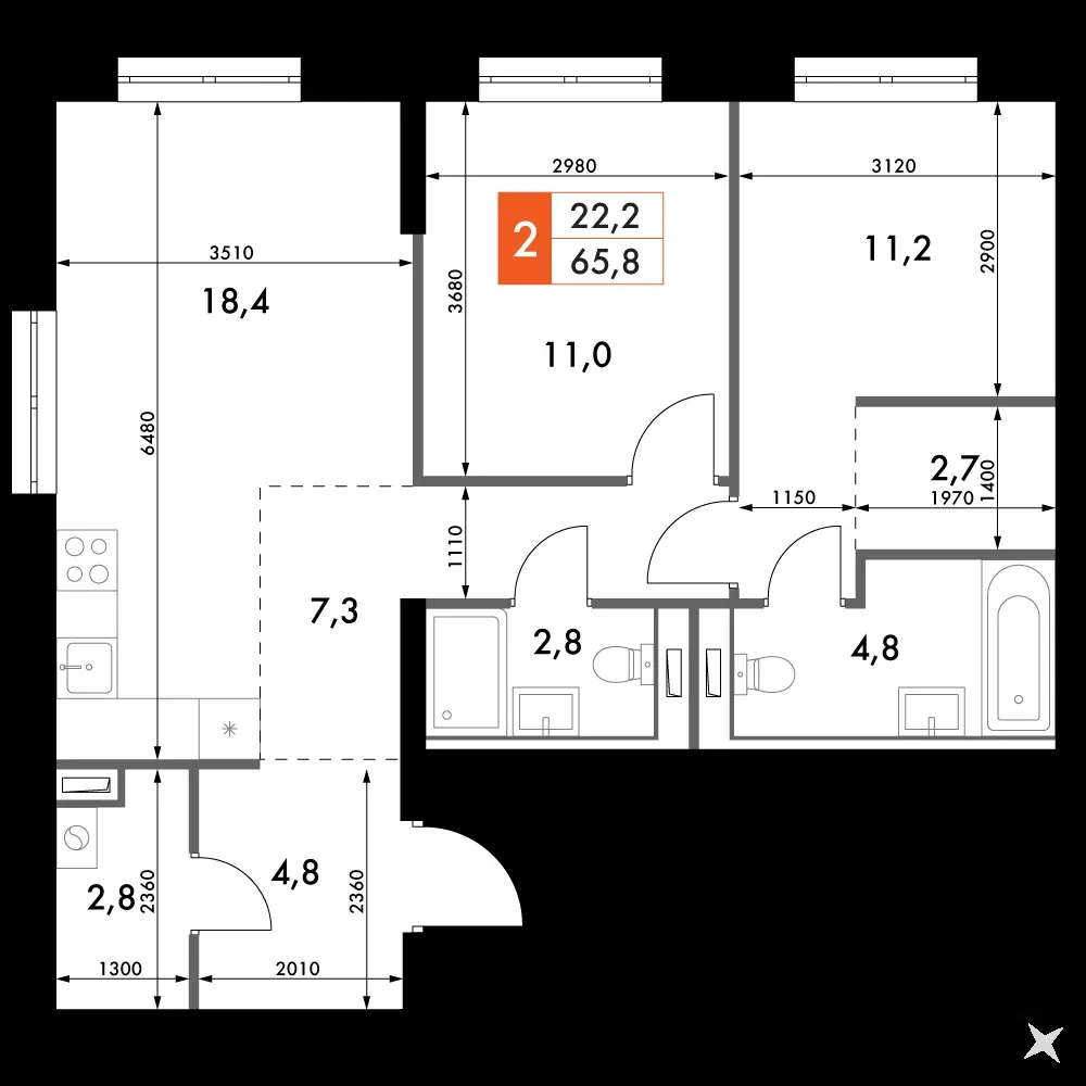 2-комнатная, 65,8 м² — 16 991 509 ₽
