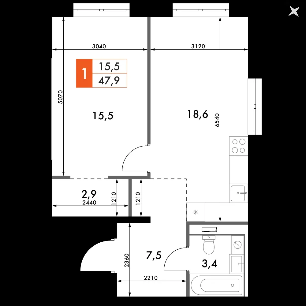 1-комнатная, 47,9 м² — 14 395 381 ₽