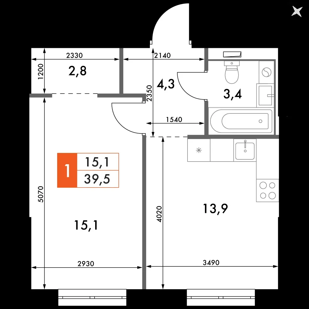 1-комнатная, 39,5 м² — 12 853 512 ₽