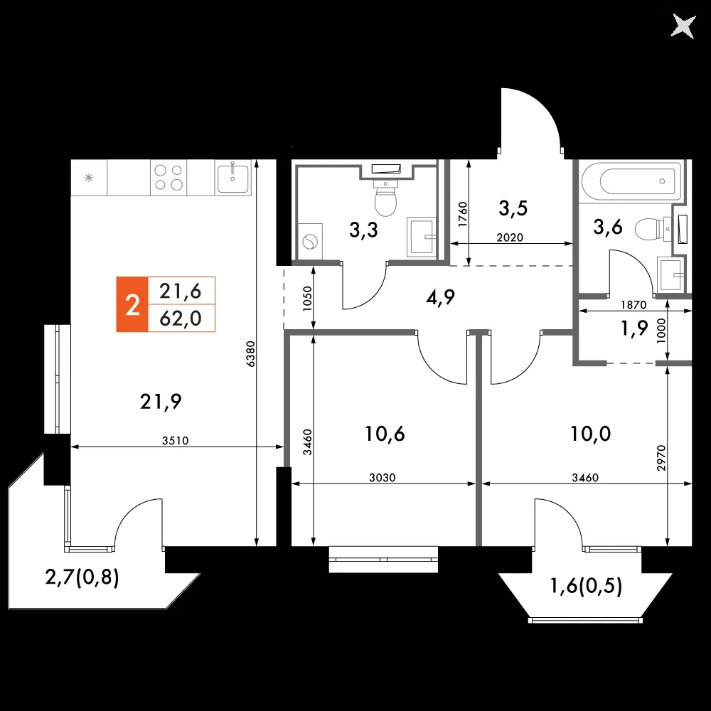 2-комнатная, 62 м² — 17 854 532 ₽