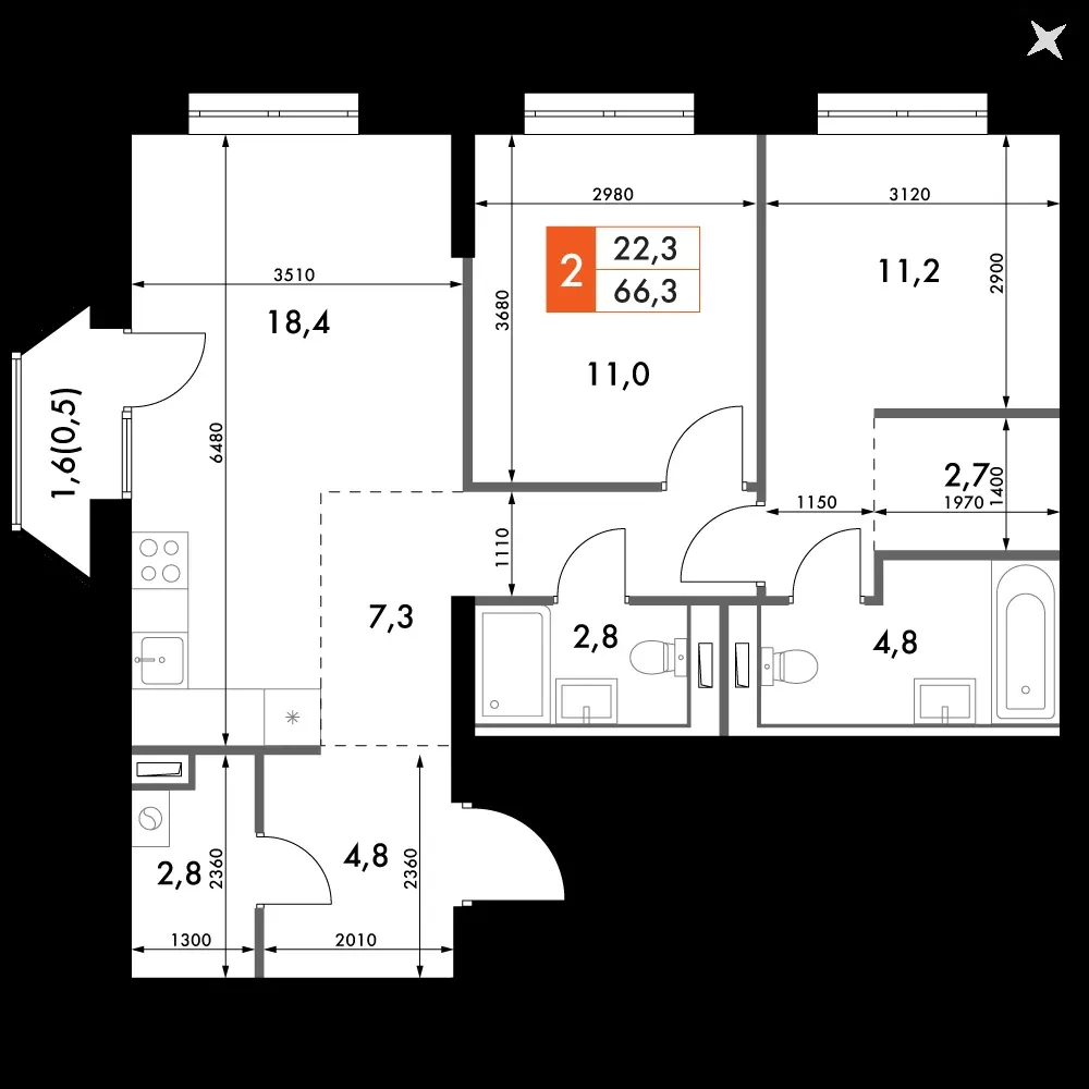 2-комнатная, 66,3 м² — 17 228 030 ₽