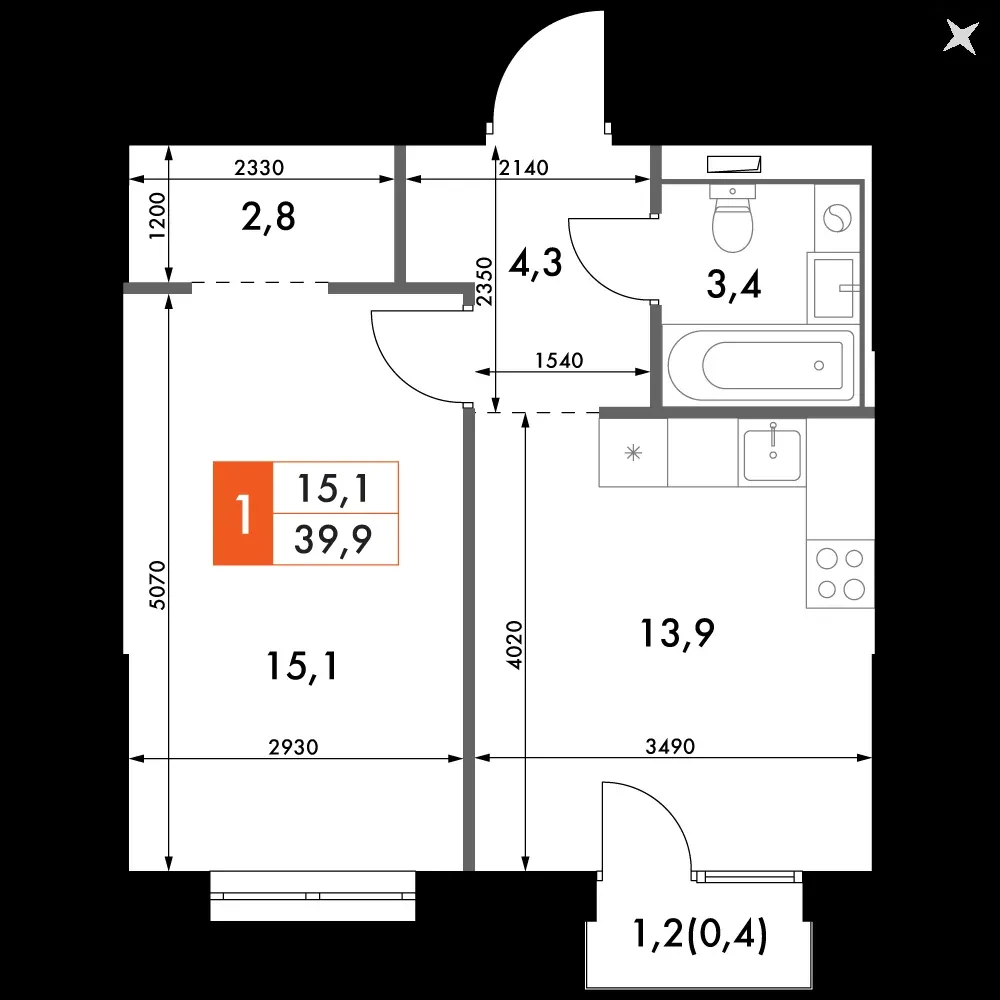 1-комнатная, 39,9 м² — 12 930 408 ₽