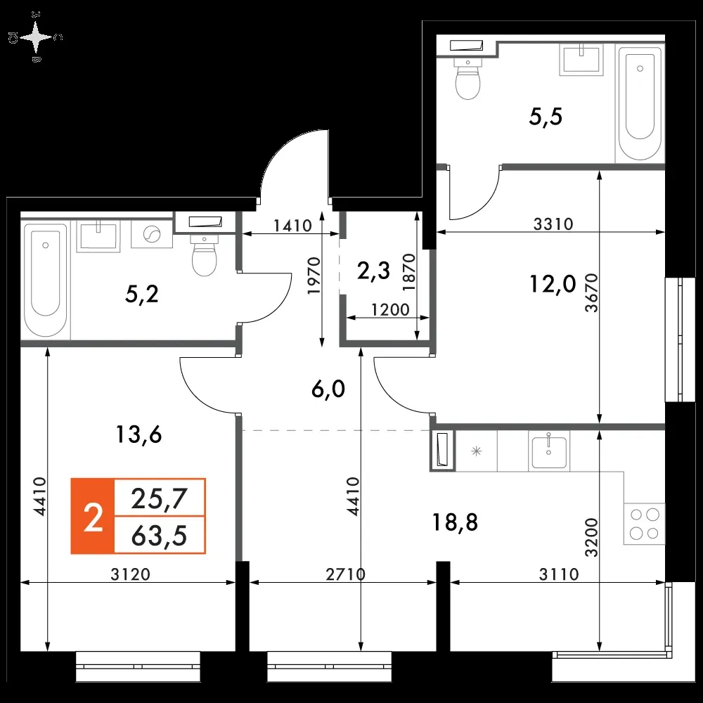 3-комнатная, 63,5 м² — 17 260 664 ₽