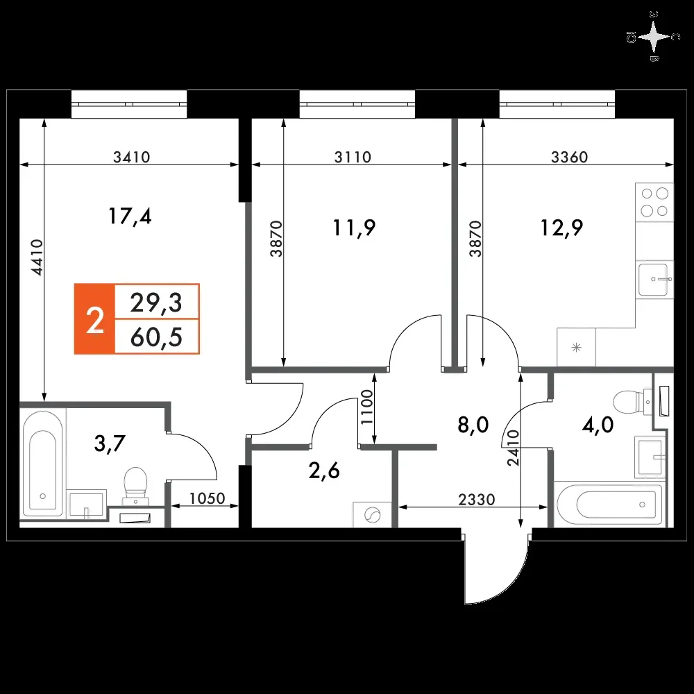 2-комнатная, 60,5 м² — 16 139 209 ₽