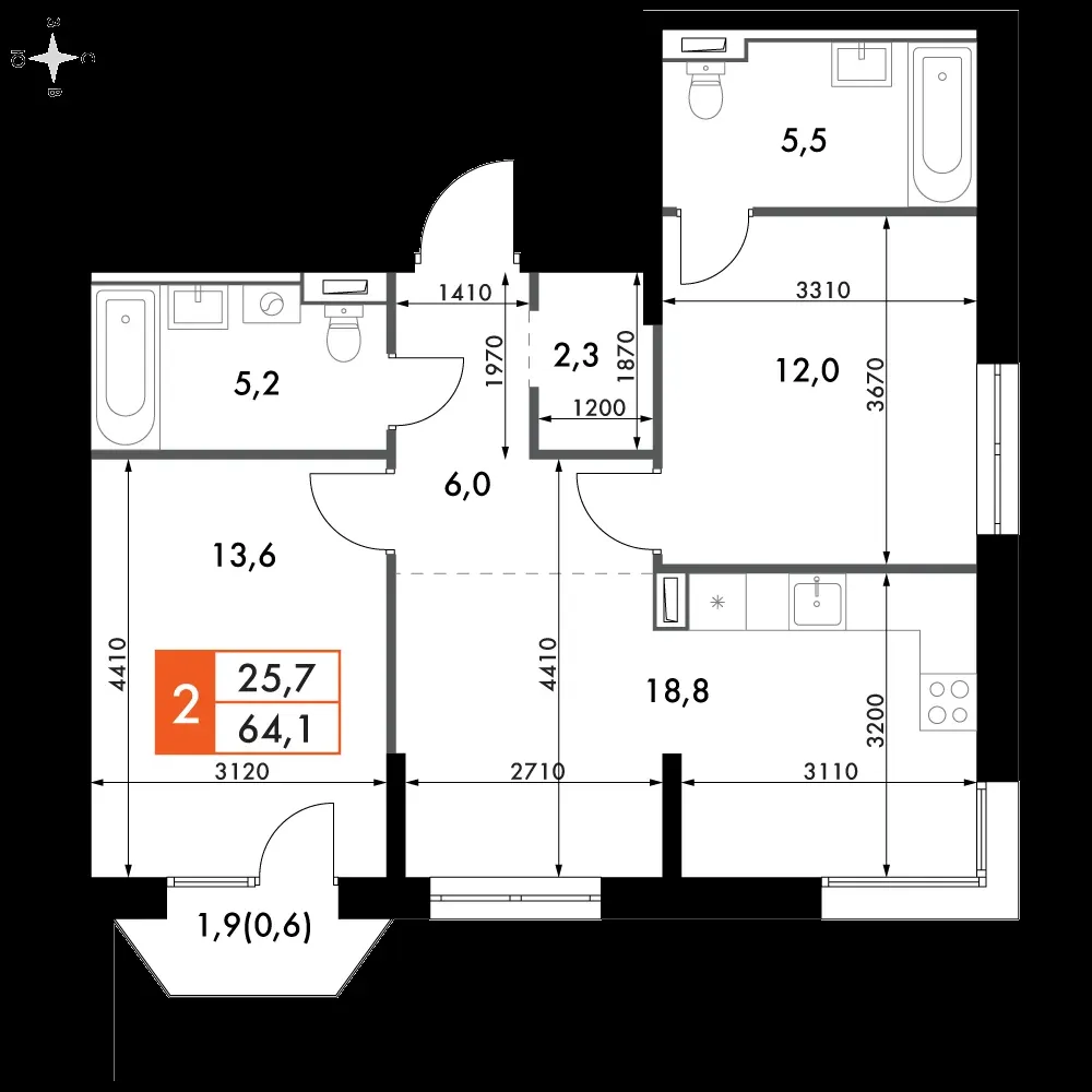 3-комнатная, 64,1 м² — 17 450 679 ₽