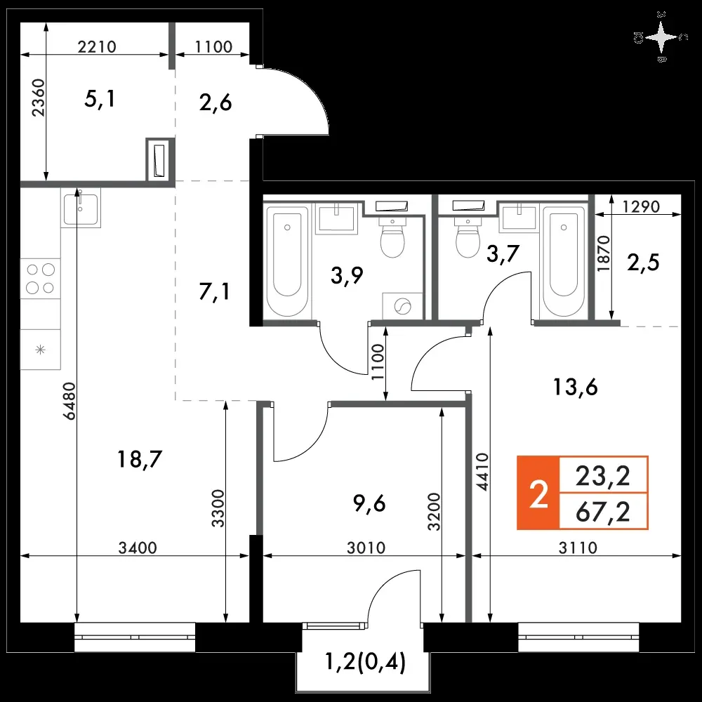 3-комнатная, 67,2 м² — 17 415 138 ₽