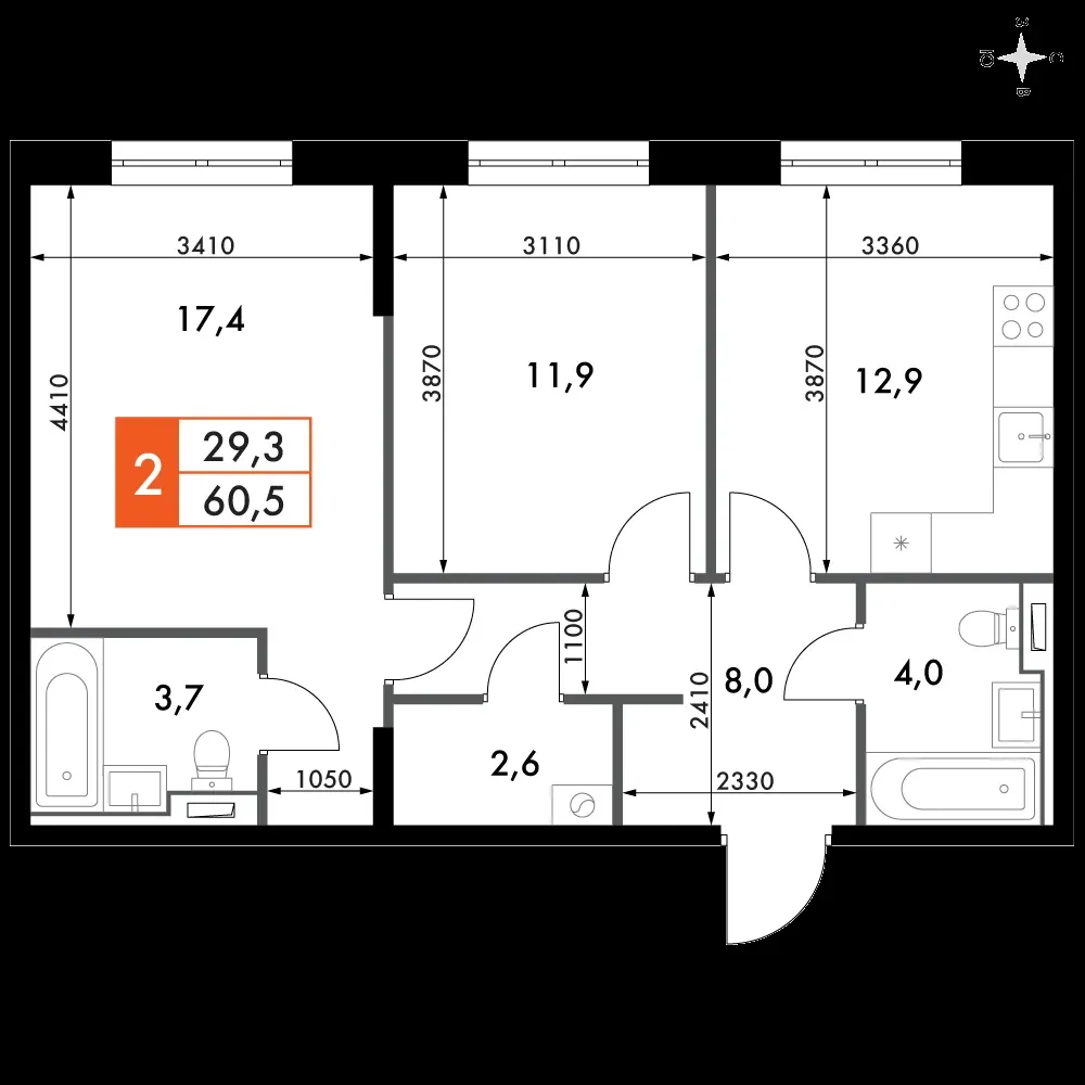 2-комнатная, 60,5 м² — 16 041 199 ₽