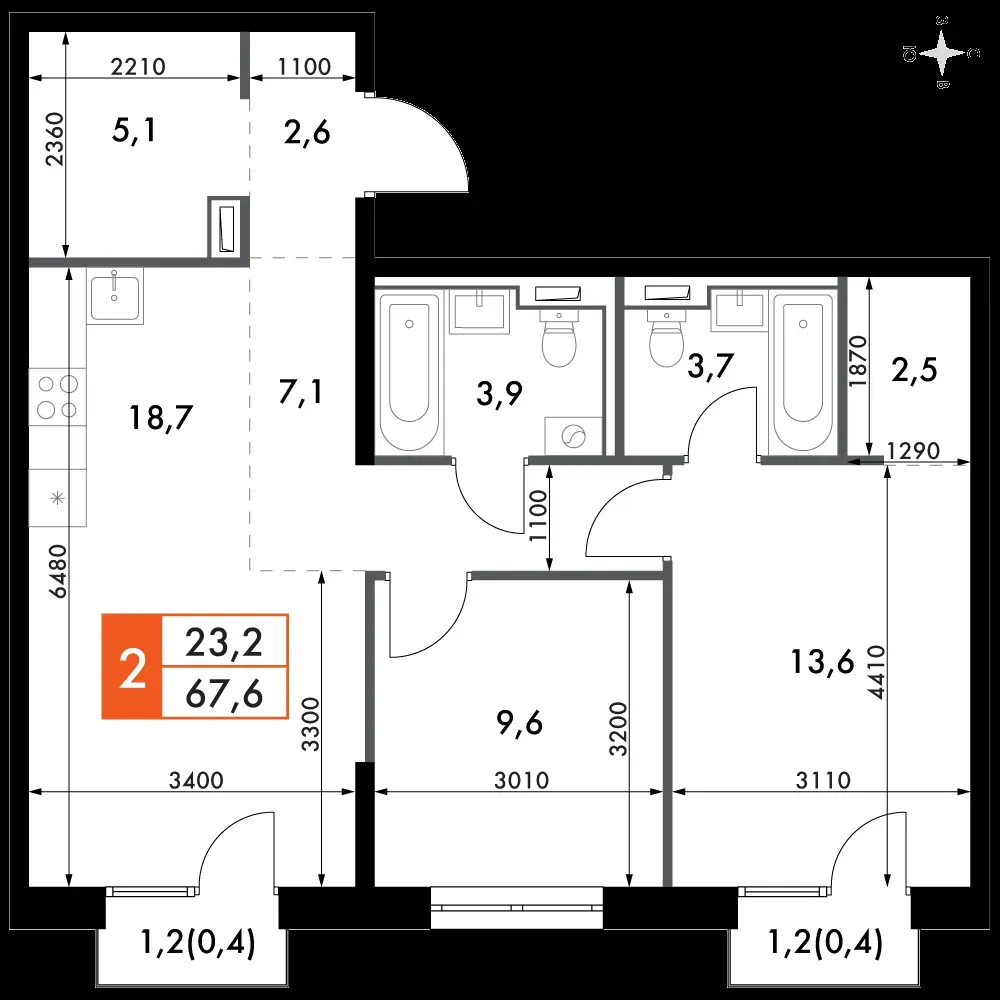3-комнатная, 67,6 м² — 17 518 799 ₽