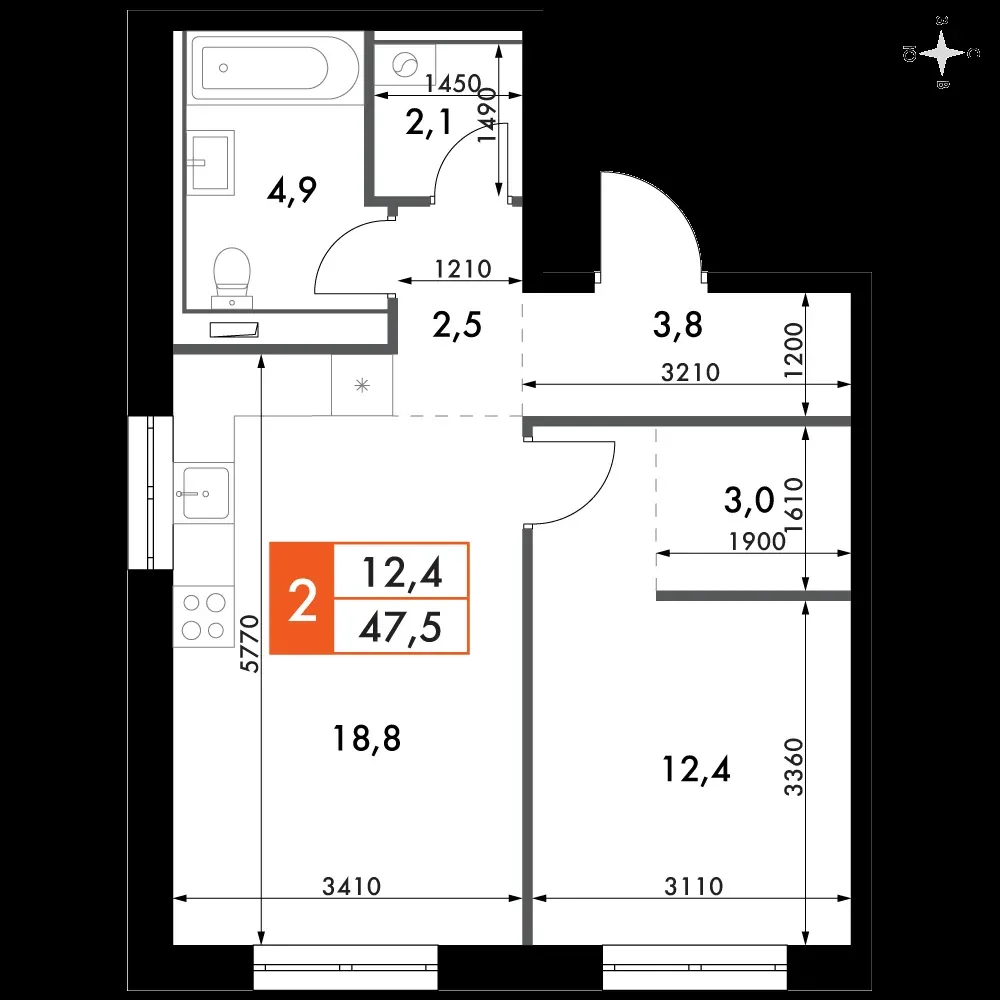 2-комнатная, 47,5 м² — 14 159 509 ₽
