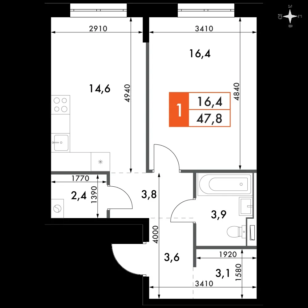 1-комнатная, 47,8 м² — 14 285 774 ₽
